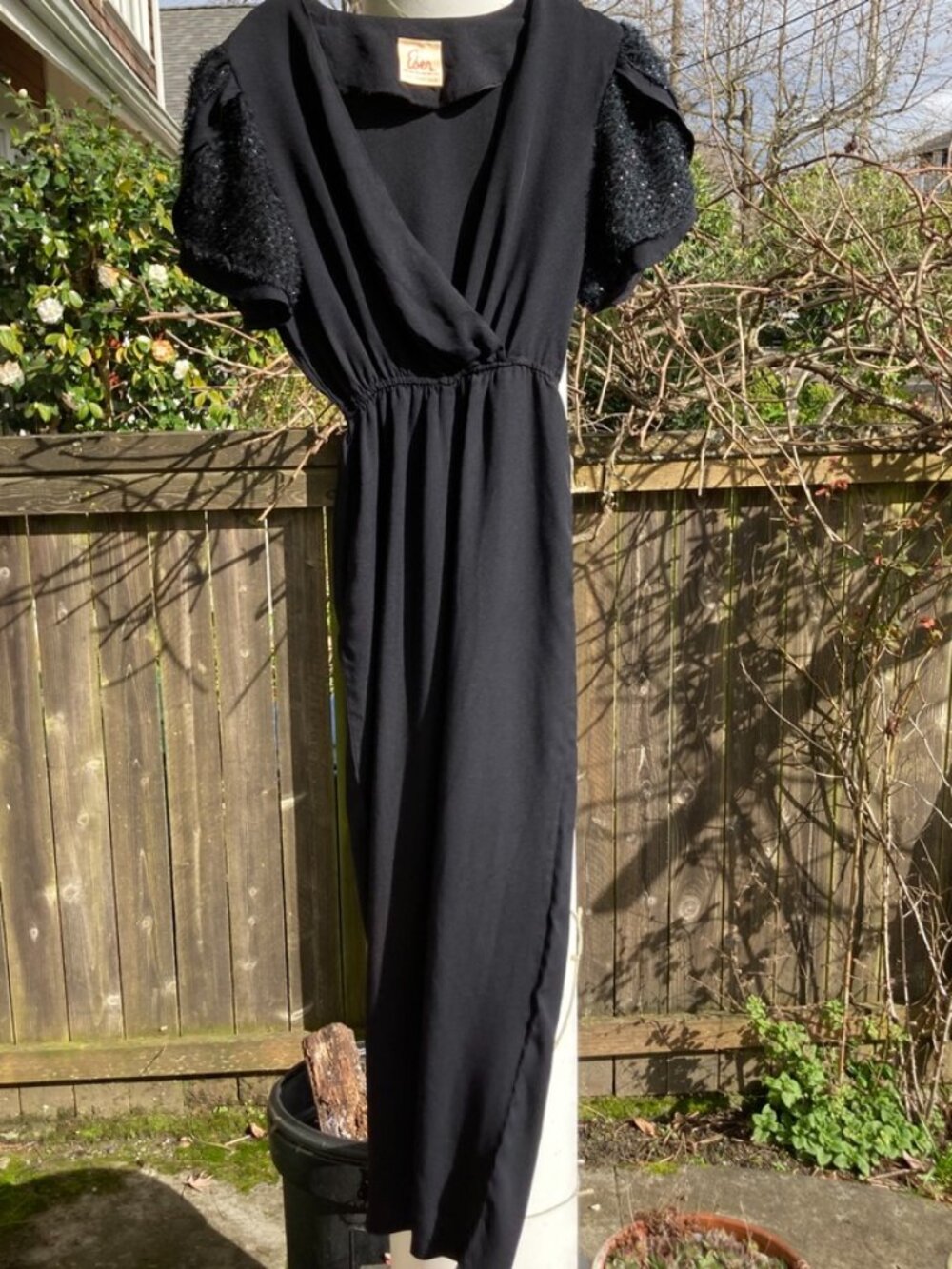 Vintage Eber Black Jumpsuit XS • Wide Leg • Textured Statement Sleeves
